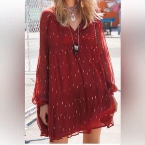 Sezane Estella Boho Burgundy Chiffon Tiered Dress Gld Details all Over 38 (6)